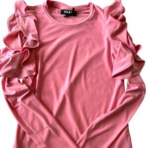 DKNY Womens Pink Blouse Top Long Sleeve Open Cold Shoulder Ruffles XS XSmall